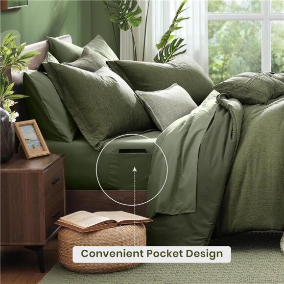 Queen Comforter Set - 7 Pieces Cationic Dyeing Olive Green Bed in a Bag - Picture 4 of 7